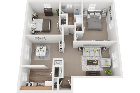 Floor plan for 2 beds, 1 bath, 950 sqft